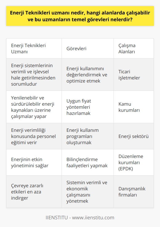 Enerji Teknikleri Uzmanı Nedir ve Hangi Alanlarda Çalışabilir?  Enerji teknikleri uzmanı, kurum ve işletmeler için enerji sistemlerinin daha verimli ve işlevsel hale getirilmesinden sorumlu olan kişilerdir. Enerji kullanımını değerlendiren ve yenilikçi yöntemlerle kullanımını optimize eden bu uzmanların en önemli görevi enerjinin etkin yönetimi ve çevreye zararlı etkilerinin en aza indirgenmesidir.   Enerji Uzmanlarının Temel Görevleri  Enerji uzmanlarının temel görevleri arasında sistemin verimli ve ekonomik çalışmasını yönetmek yer alır. Özellikle yenilenebilir ve sürdürülebilir enerji kaynakları ile ilgili çalışmalar yapmaları ve enerji satın almak için uygun fiyat yöntemleri hazırlamaları beklenir. Ayrıca, enerji verimliliği konusunda personel eğitimi verebilirler ve enerji kullanım programları oluşturarak bilinçlendirme faaliyetleri yapabilirler.  Çalışma Alanları  Enerji uzmanları çok geniş bir çalışma alanına sahiptir. Son yıllarda enerji sektöründe yaşanan gelişmeler ve sektörel büyüme, enerji uzmanlarına özellikle ticari işletmeler ve kamu kurumlarında önemli iş fırsatları sunmaktadır. Görev aldıkları iş sahasına bağlı olarak görev ve sorumlulukları da farklılıklar gösterebilir.  Eğitim Gereksinimleri  Üniversitelerde dört yıllık eğitim veren enerji ve doğal kaynaklar ile ilgili bölümlerden en az lisans derecesi ile mezun olmaları gerekmektedir. Enerji Piyasası Düzenleme Kurumunda (EPDK) uzman olarak görev alabilmek için belirlenen kriterleri yerine getirmek gereklidir.  Sonuç olarak, enerji teknikleri uzmanı, enerji verimliliğini sağlamak ve çevreye zararlı etkilerini azaltmak için önemli bir rol oynar. Bu alanda çalışanların bilgi ve beceri düzeylerinin yüksek olması, enerji kullanımının daha etkili ve verimli hale getirilmesinde büyük öneme sahiptir. Bu da ekonomik olarak toplumsal istihdamın yapılmasını ve enerjide olan dışa bağımlılığın azalmasına katkı sağlamaktadır.