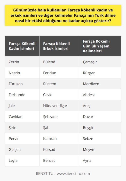 Farsça Kökenli İsimler ve Türk Dilindeki Etkisi   Günlük hayatta karşılaştığımız birçok isim ve kelimenin kökeninde Farsçanın izlerini bulmak mümkündür. Bülend, Zerrin, Feridun, Nesrin, Füruzan, Ferhunde, Rüstem, Jale, Cavid, Cavidan, Hüdâvendigâr gibi kadın ve erkek isimleri, çamaşır, rüzgâr, merdiven, abdest, abdesthane, ateş, duvar, beygir, sebze, meyve, ayna, meyhane gibi günlük yaşam kelimeleri Farsça kökenli olup, bu durum Farsçanın Türk dil ve kültürüne yaptığı derin etkiyi ortaya koymaktadır.  Farsçanın Etki Alanı ve Türk Dili Üzerindeki Yansıması   Farsça, tarihsel olarak Osmanlı Devletinde resmi dil olarak kullanılmıştır. Cem Sultan ile II. Bayezit arasındaki mektuplaşmalar ve Osmanlı tarihinden kalan birçok belge Farsça olarak kaleme alınmıştır. Yine aynı şekilde divan edebiyatında da Farsça etkisi görülür. Bugün hala kullanılan pek çok kelimenin ve kadın, erkek isminin Farsça kökenli olduğunu görürüz.  Farsça İle Türkçe Arasındaki İlişki  Farsça ve Türkçe, birbirine çok yakın iki dildir. Türkiye ve İranın tarih boyunca birçok kültürel ve dilsel etkileşime girmesi, Türk dilinin Farsça kelimelerle zenginleşmesine neden olmuştur. Bu birliktelik, dilimizin ve kültürümüzün şekillenmesinde Farsçanın aktif rol almasını sağlamıştır.  Sonuç olarak, Farsçanın Türk diline ve kültürüne olan etkisi yadsınamaz bir gerçektir. Farsça kökenli kelimeler ve isimler, günlük yaşamımızın parçası olmuş ve dilimize büyük bir zenginlik katmıştır. Bu nedenle, Farsça ve Türkçe arasındaki bu etkileşimi, dilimizin ve kültürümüzün geçmişine ve evrimine ışık tutan bir faktör olarak görmekte fayda vardır.