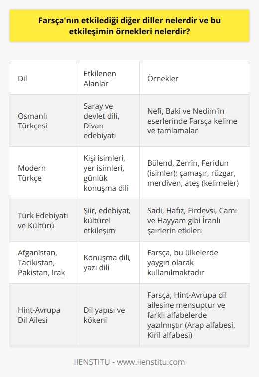 Farsçanın Etkilediği Diğer Diller ve Örnekler  ## Osmanlı Dönemi Farsça Etkileşimi  Farsça, İran ve komşu ülkelerinde konuşulan köklü ve tarihi bir dildir ve Türkçenin gelişimi üzerinde önemli bir etkiye sahiptir. Osmanlı döneminde Farsça, saray ve devletin resmi dili olarak kullanılırken, Divan edebiyatında da dilsel etkisini göstermiştir. Nefî, Bakî ve Nedim gibi önemli şairlerin eserlerinde Farsça kelime ve tamlamalar önemli bir yer tutmaktadır. Ayrıca, Edebiyatı Cedide topluluğunun eserlerinde de Farsça sözcükler kullanılmıştır.  ## Farsçadan Türkçeye Geçen İsimler ve Sözcükler  Bugün Türkiyede kullanılan pek çok kadın ve erkek ismi ve hatta cadde ve sokak isimleri Farsça kökenlidir. Bülend, Zerrin, Feridun gibi isimler bunlara örnek olarak gösterilebilir. Ayrıca günlük hayatta kullandığımız çamaşır, rüzgâr, merdiven ve ateş gibi pek çok kelime, Farsça kökenli olup zaman içinde Türkçeye adapte olmuştur.  ## İran Kültürü ve Edebiyatının Tanınması  İran, Türkiyenin komşu ülkesi olup, uzun yıllardır süren kültürel etkileşimle, Osmanlı İmparatorluğu döneminden beri Türk dilinde ve kültüründe etkili olmuştur. İranlı şairler Sâdi, Hâfız, Firdevsî, Cami ve Hayyam gibi isimler, Türk edebiyatına ve kültürüne derin izler bırakmışlardır. Bu bağlamda, İrana ait kültür ve edebiyatın daha iyi anlaşılabilmesi için Farsçanın öğrenilmesi büyük önem taşımaktadır.  ## Diğer Ülkelerde Farsça Kullanımı  Farsça, yalnızca İranda değil, aynı zamanda Afganistan, Tacikistan, Pakistan ve Irak gibi ülkelerde de kullanılan bir dildir. Hint-Avrupa dil ailesine mensup olan Farsça, İslamiyetten önce Pehlevi alfabesi ile yazılırken, günümüzde İran ve Afganistanda Arap alfabesi, Tacikistanda ise    kullanılmaktadır.  Sonuç olarak, Farsçanın Türkçe ve Türkiyedeki diğer diller üzerinde önemli bir etkisi bulunmaktadır. Bu etkileşimi daha iyi anlayabilmek ve iki kültür arasındaki tarihi bağları kavrayabilmek için Farsça dilini öğrenmek önemlidir.