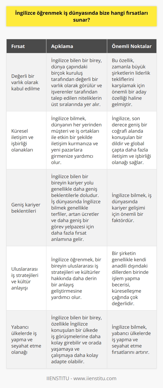 İngilizce öğrenmek iş dünyasında bize bir dizi fırsat sunar. İlk olarak, İngilizce bilen bir birey dünya çapındaki birçok kuruluş tarafından değerli bir varlık olarak kabul edilir. Bu, işverenler tarafından talep edilen niteliklerin üst sıralarında yer alır ve zamanla büyük şirketlerin liderlik tekliflerini, karşılamak için önemli bir aday özellik haline gelmiştir.  İkinci olarak, İngilizce bilmek, global çapta daha fazla iletişim ve işbirliği olanağı sağlar. Çünkü, İngilizce son derece geniş bir coğrafi alanda konuşulan bir dildir. Bu, dünyanın her yerinden müşteri ve iş ortakları ile etkin bir şekilde iletişim kurmanıza ve yeni pazarlara girmenize yardımcı olur.  Üçüncüsü, İngilizce bilen bir bireyin kariyer yolu genellikle daha geniş beklentilerle doludur. İş dünyasında İngilizce bilmek genellikle terfiler, artan ücretler ve daha geniş bir görev yelpazesi için daha fazla fırsat anlamına gelir.  Bunun yanı sıra, İngilizce öğrenmek iş dünyasında ayrıca, bir bireyin uluslararası iş stratejileri ve kültürler hakkında daha derin bir anlayış geliştirmesine yardımcı olur. İş dünyasında, bir şirketin genellikle kendi anadili dışındaki dillerden birinde işlem yapma becerisi, küreselleşme çağında çok değerlidir.   Son olarak, İngilizce bilmek yabancı ülkelerde iş yapma ve seyahat etme olanağı sunar. İngilizce konuşan bir birey, özellikle İngilizce konuşulan bir ülkede iş görüşmelerine daha kolay girebilir ve orada yaşamaya ve çalışmaya daha kolay adapte olabilir.  Sonuç olarak, İngilizce öğrenmek iş dünyasında birçok fırsat sunar. İşverenler tarafından değerli bir yetenek olarak kabul edilir, iletişim ve işbirliği olanaklarını genişletir, kariyer beklentilerini arttırır, uluslararası iş stratejisi ve kültür anlayışını derinleştirir ve yabancı ülkelerde iş yapma ve seyahat etme olanağı sunar. Bu nedenle, İngilizce öğrenmek iş dünyasında hem başarılı hem de rekabetçi olmak için son derece önemlidir.