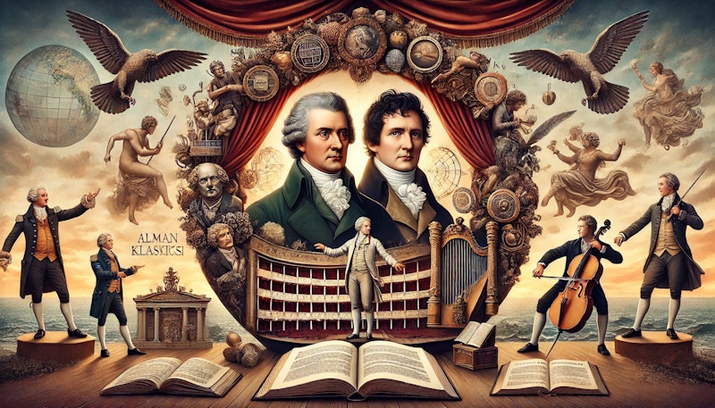 Johann Wolfgang von Goethe ve Friedrich Schiller'in merkezde yer aldığı, Alman Klasiklerinin dünya edebiyatı üzerindeki etkisini simgeleyen bir görsel. Çevrelerinde kitaplar, el yazmaları, tiyatro sahnesi ve Romantizm, Realizm ile Aydınlanma ideallerini yansıtan semboller bulunuyor. Arka planda, dünya haritası ve farklı dillerde açık kitaplar, eserlerin uluslararası etkisini vurguluyor.