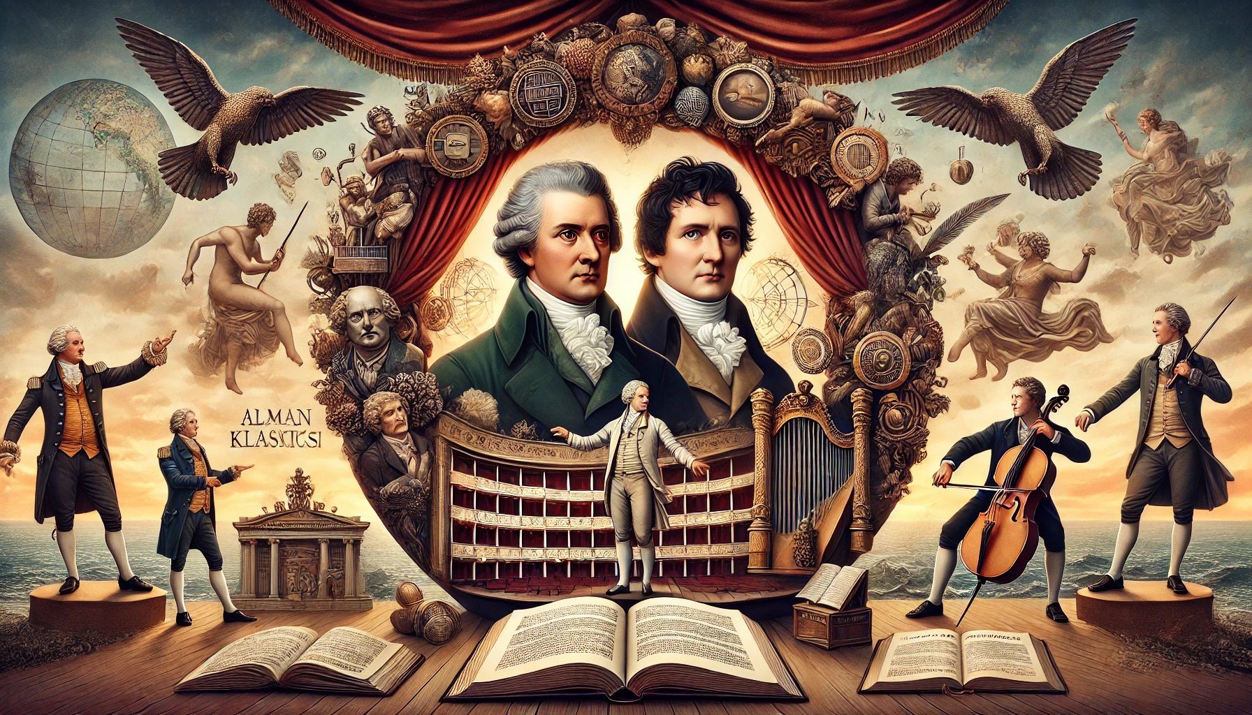 Johann Wolfgang von Goethe ve Friedrich Schiller'in merkezde yer aldığı, Alman Klasiklerinin dünya edebiyatı üzerindeki etkisini simgeleyen bir görsel. Çevrelerinde kitaplar, el yazmaları, tiyatro sahnesi ve Romantizm, Realizm ile Aydınlanma ideallerini yansıtan semboller bulunuyor. Arka planda, dünya haritası ve farklı dillerde açık kitaplar, eserlerin uluslararası etkisini vurguluyor.