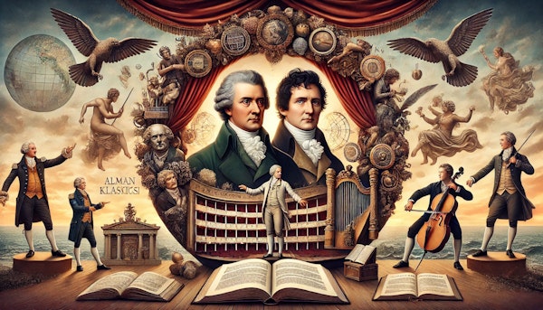 Johann Wolfgang von Goethe ve Friedrich Schiller'in merkezde yer aldığı, Alman Klasiklerinin dünya edebiyatı üzerindeki etkisini simgeleyen bir görsel. Çevrelerinde kitaplar, el yazmaları, tiyatro sahnesi ve Romantizm, Realizm ile Aydınlanma ideallerini yansıtan semboller bulunuyor. Arka planda, dünya haritası ve farklı dillerde açık kitaplar, eserlerin uluslararası etkisini vurguluyor.