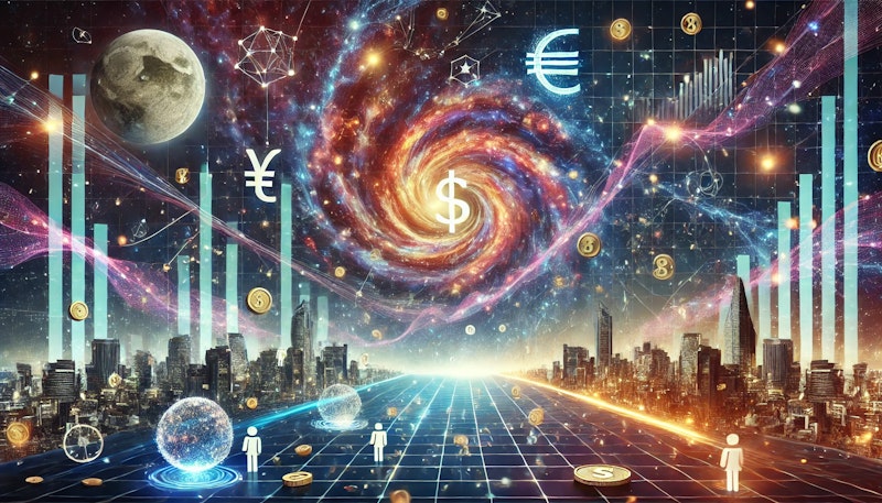 Uzay boşluğunda geçen, galaksi sarmalları ve yıldızlarla çevrili bir ekonomik evren tasviri. Parıldayan veri akışları, gezegenler arasında finansal bağlar kuran grafik çizgileri, para sembolleri ve bağlantı halinde insanlar bulunuyor. Alt kısımda, modern ve bilimkurgu tarzında bir şehir silüeti, kozmik düzenle uyum içinde. Tema, 'Derin Bir Evren: İktisat' konseptini yansıtan parlak, dinamik ve geleceğe dair bir sahne.