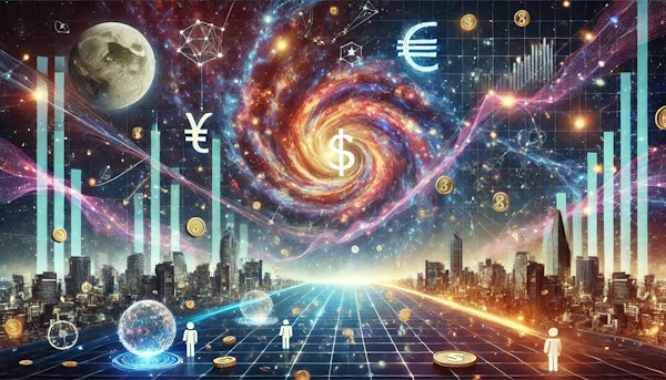 Uzay boşluğunda geçen, galaksi sarmalları ve yıldızlarla çevrili bir ekonomik evren tasviri. Parıldayan veri akışları, gezegenler arasında finansal bağlar kuran grafik çizgileri, para sembolleri ve bağlantı halinde insanlar bulunuyor. Alt kısımda, modern ve bilimkurgu tarzında bir şehir silüeti, kozmik düzenle uyum içinde. Tema, 'Derin Bir Evren: İktisat' konseptini yansıtan parlak, dinamik ve geleceğe dair bir sahne.