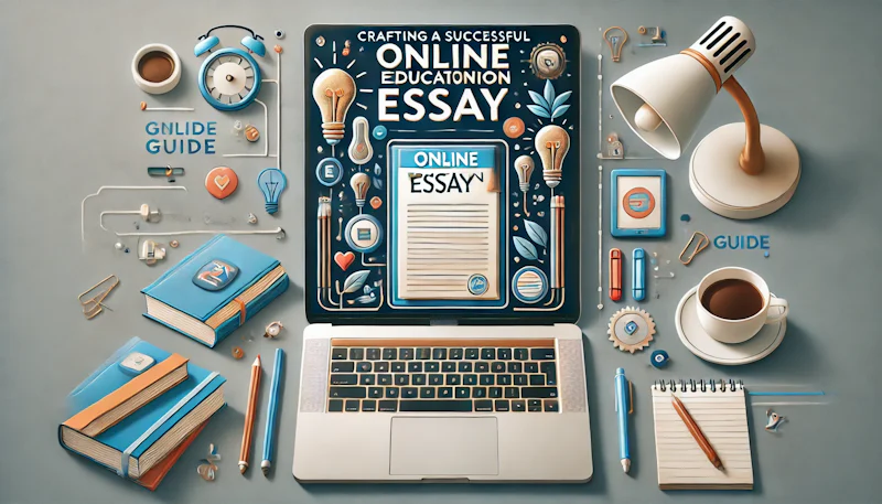Visual design for ‘A Guide to Preparing an Effective Online Educational Paper’. An open laptop on a modern desk stands out with a glowing document icon on its screen. Around the laptop are books, notebooks and a coffee cup, representing a productive workspace. In the background is an abstract educational theme of light bulbs, writing tools and digital icons. The elegant colours in shades of blue, white and gold create a professional and lively atmosphere. The title of the guide is emphasised by a minimalist lettering style.