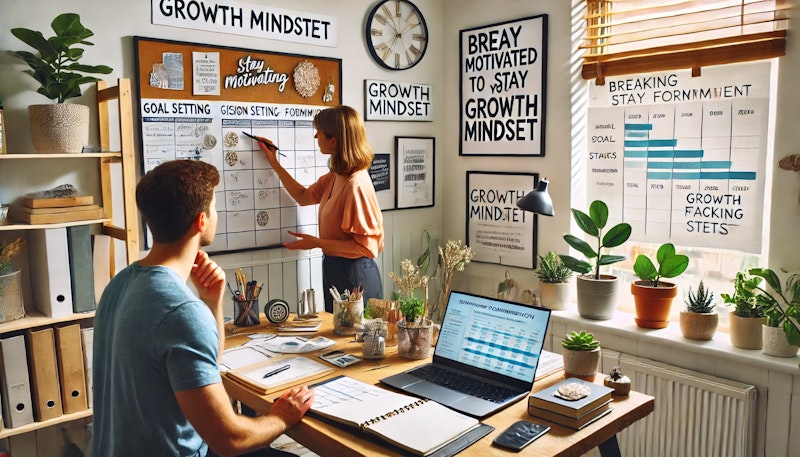 A motivational personal development coach guides an individual through goal setting and habit formation in a bright, inspiring home office. A vision board, planner, and laptop with a progress-tracking spreadsheet are present. The coach demonstrates strategies for motivation, such as breaking tasks into small steps and setting deadlines. The individual actively takes notes. A motivational quote about a growth mindset is displayed on the wall. The atmosphere is encouraging and focused.