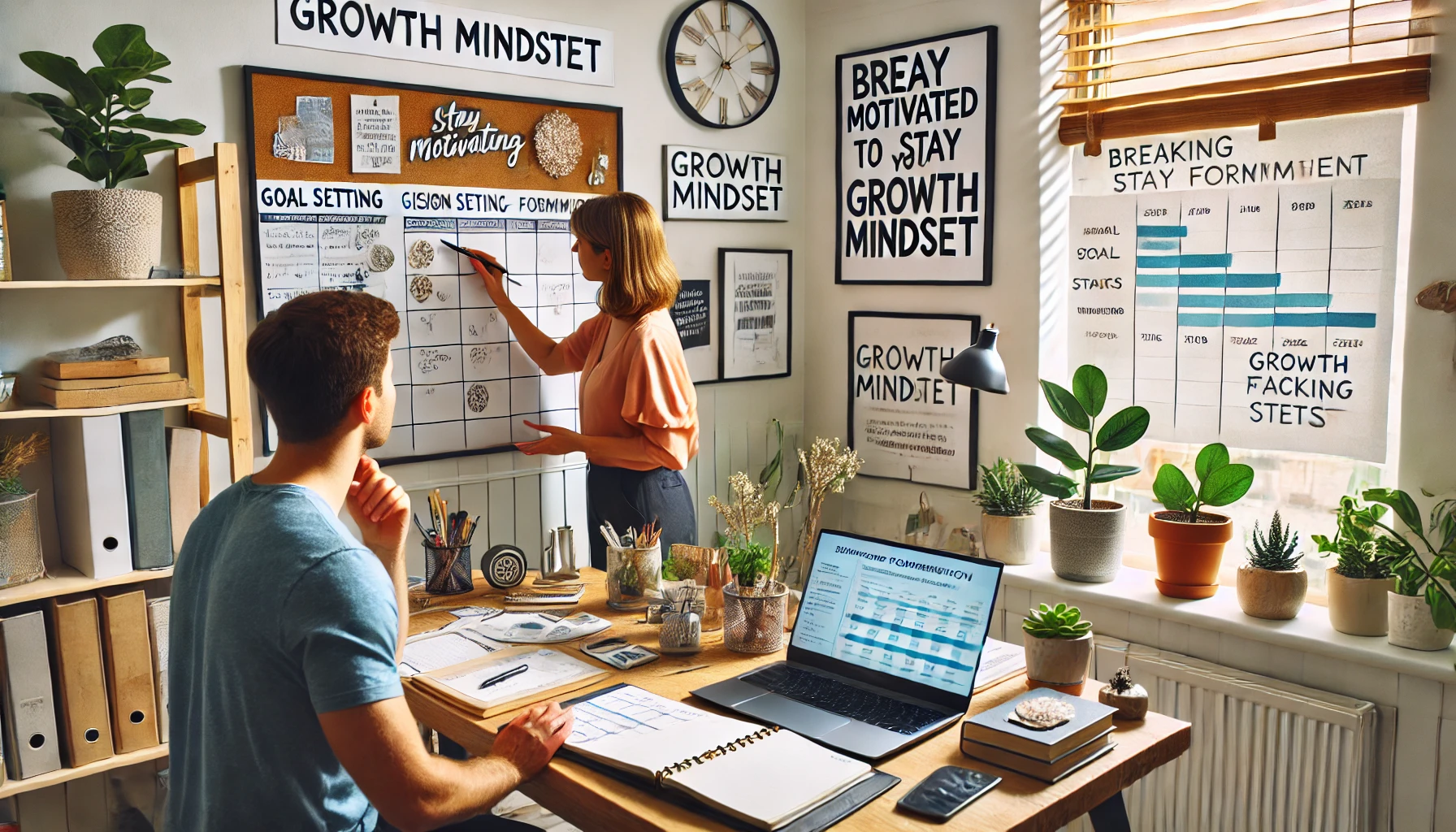 A motivational personal development coach guides an individual through goal setting and habit formation in a bright, inspiring home office. A vision board, planner, and laptop with a progress-tracking spreadsheet are present. The coach demonstrates strategies for motivation, such as breaking tasks into small steps and setting deadlines. The individual actively takes notes. A motivational quote about a growth mindset is displayed on the wall. The atmosphere is encouraging and focused.