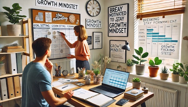 A motivational personal development coach guides an individual through goal setting and habit formation in a bright, inspiring home office. A vision board, planner, and laptop with a progress-tracking spreadsheet are present. The coach demonstrates strategies for motivation, such as breaking tasks into small steps and setting deadlines. The individual actively takes notes. A motivational quote about a growth mindset is displayed on the wall. The atmosphere is encouraging and focused.