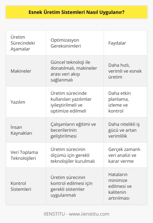 Esnek üretim sistemi uygulamak için, üretim sürecindeki tüm aşamaların iyileştirilmesi ve optimize edilmesi gerekir. Bunun için, üretim sürecinde kullanılan makineler, yazılım ve insan kaynaklarının optimize edilmesi gerekir. Üretim sürecini daha etkin ve verimli hale getirmek için, makinelerin güncel teknoloji ile donatılması, makineler arası veri akışının sağlanması ve üretim sürecinde kullanılan yazılımların ve insan kaynaklarının iyileştirilmesi gerekebilir. İlave olarak, üretim sürecinin ölçümü için gerekli olan veri toplama teknolojileri ve üretim sürecinin kontrol edilmesi için gerekli olan kontrol sistemleri de kurulmalıdır.