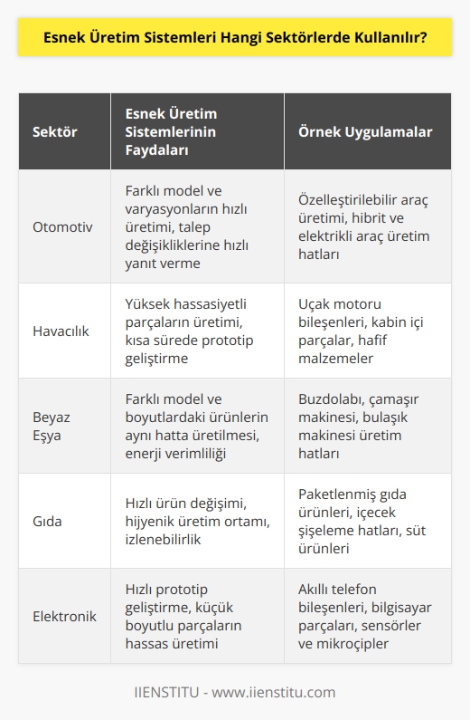 Esnek üretim sistemleri, farklı ürünlerin veya ürün versiyonlarının hızlı bir şekilde üretilmesini sağlamak için tasarlandı. Bu sistemler, özellikle otomotiv, havacılık, beyaz eşya, gıda, elektronik ve mühendislik alanlarında kullanılmaktadır.