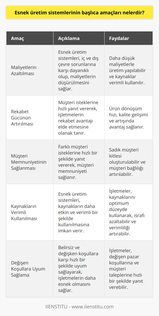 Esnek Üretim Sistemlerinin Başlıca Amaçları  Esnek üretim sistemlerinin temel amacı, başta otomotiv ve mekanik sektörleri olmak üzere, çeşitli sektörlerin ihtiyaç duyduğu değişen ve belirsiz koşullara hızlı bir şekilde uyum sağlayarak kaliteli, hızlı ve düşük maliyetli ürünler ortaya çıkarmaktır. Bu bağlamda, esnek üretim sistemlerinin ana hedefleri arasında, maliyetlerin azaltılması, kaynakların daha verimli kullanılması, rekabet gücünün artırılması ve müşteri memnuniyetinin sağlanması yer almaktadır.  Maliyetlerin Azaltılması ve Kaynakların Verimli Kullanılması  Esnek üretim sistemleri, hem iç çevre sorunları (işlem tekrarları, kuyrukta beklemeler, donanım bozukları vb.) hem de dış çevre sorunlarına (talep değişimi, belirsiz ürün fiyatları, rakip firmaların davranışları vb.) karşı dayanıklı olmakla beraber, maliyetlerin azaltılması ve kaynakların daha verimli bir şekilde kullanılmasına olanak tanır. Bu sayede, esnek üretim sistemleri ile işletmeler, daha düşük maliyetler ve daha yüksek verimlilikle üretim yapabilirler.  Rekabet Gücünün Artırılması  21. yüzyılın başlarından itibaren esnek üretim sistemlerinin kullanımı, işletmelerin müşterilerinin isteklerine daha duyarlı hale gelmelerine ve böylece rekabet açısından üstünlük sağlamalarına olanak tanımıştır. Esnek üretim sistemleri, işletmelerin önceden var olan üretim sistemlerinin sorunlarına çözüm sunarak, ürün dönüşüm hızında, kalite gelişiminde ve kalite artışında avantaj sağlar.  Müşteri Memnuniyetinin Sağlanması  Esnek üretim sistemlerinin bir diğer önemli amacı da, müşteri memnuniyetinin sağlanmasıdır. Esnek üretim sistemleri sayesinde, işletmeler farklı müşteri isteklerine hızlı bir şekilde yanıt verebilir ve bu sayede müşteri memnuniyetini sağlayarak, sadık müşteri kitlesi oluşturabilirler.  Sonuç olarak, esnek üretim sistemlerinin başlıca amaçları arasında maliyetlerin azaltılması, kaynakların verimli kullanılması, rekabet gücünün artırılması ve müşteri memnuniyetinin sağlanması yer almaktadır. Dolayısıyla işletmeler, esnek üretim sistemlerini benimseyerek, belirsiz ve değişken koşullara karşı daha dayanıklı ve daha rekabetçi hale gelme fırsatı yakalayabilirler.