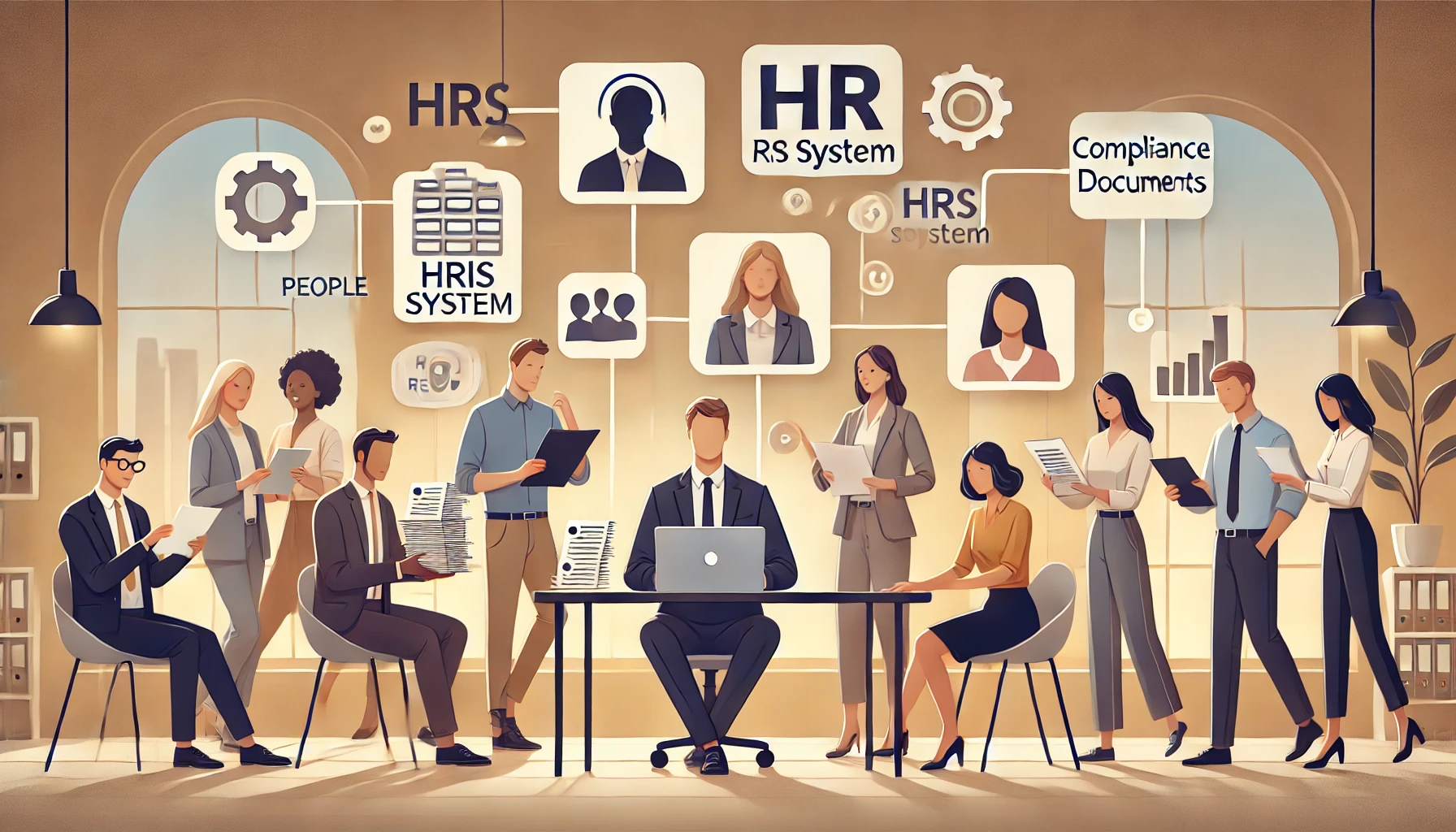 A 16:9 illustration of a diverse group of HR professionals in a modern office setting, holding various HR tools such as a laptop displaying an HRIS system, a stack of resumes, and compliance documents. Each individual is engaged in collaboration and multitasking, symbolizing the broad responsibilities of an HR Generalist. The atmosphere is warm and inviting, with soft, people-focused color tones. The modern office space is well-lit, emphasizing teamwork and efficiency.