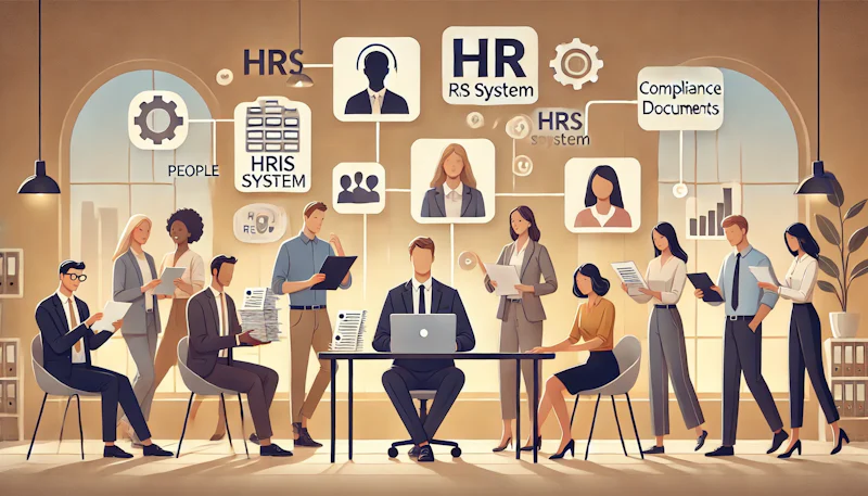 A 16:9 illustration of a diverse group of HR professionals in a modern office setting, holding various HR tools such as a laptop displaying an HRIS system, a stack of resumes, and compliance documents. Each individual is engaged in collaboration and multitasking, symbolizing the broad responsibilities of an HR Generalist. The atmosphere is warm and inviting, with soft, people-focused color tones. The modern office space is well-lit, emphasizing teamwork and efficiency.