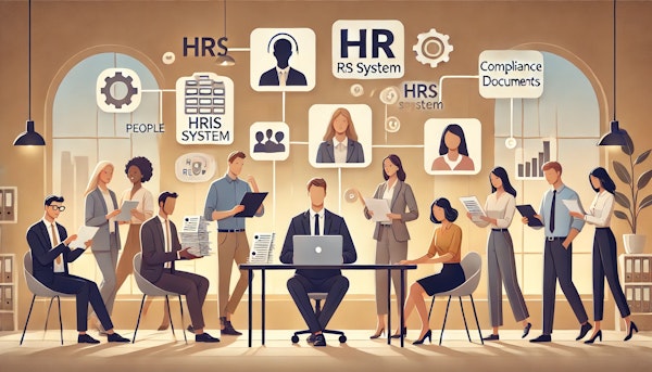 A 16:9 illustration of a diverse group of HR professionals in a modern office setting, holding various HR tools such as a laptop displaying an HRIS system, a stack of resumes, and compliance documents. Each individual is engaged in collaboration and multitasking, symbolizing the broad responsibilities of an HR Generalist. The atmosphere is warm and inviting, with soft, people-focused color tones. The modern office space is well-lit, emphasizing teamwork and efficiency.