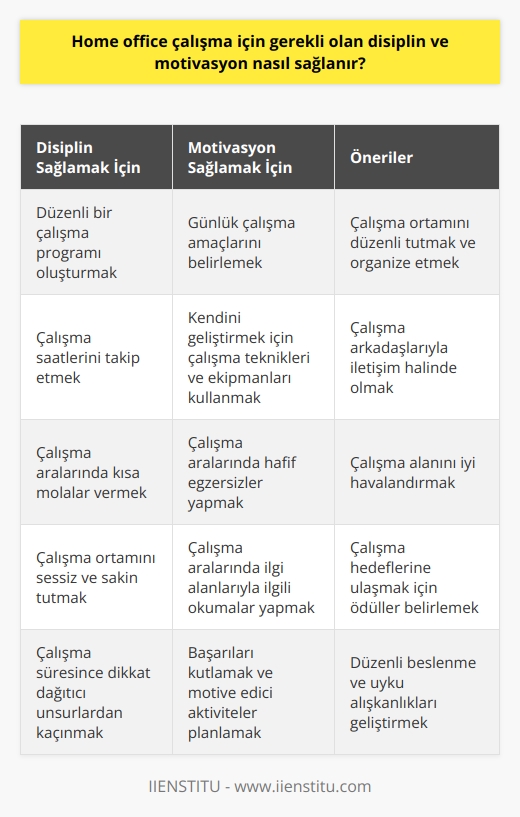 Disiplin ve motivasyon, ev ortamında çalışırken kritik öneme sahiptir. Ev ortamında çalışmayı başarılı bir şekilde yürütebilmek için, disiplini ve motivasyonu sağlamak önemlidir. Disiplini sağlamak için, her gün belirli bir çalışma programı oluşturmak, odanın düzenli ve çalışmaya uygun bir ortamda olmasını sağlamak, çalışma saatlerinin düzenli olarak takip edilmesi ve çalışma aralarında kısa dinlenme molası vermek gerekmektedir. Motivasyonu sağlamak için ise, günlük çalışma amaçlarının belirlenmesi ve bunları gerçekleştirmeye çalışmak, çalışma alanında kendini geliştirmek için çalışma teknikleri ve ekipmanları kullanmak, çalışma aralarında hafif egzersizler ve spor faaliyetleri yapmak, çalışma aralarında ürün ve hizmetler hakkında okumak gibi faaliyetler yapmak önemlidir.