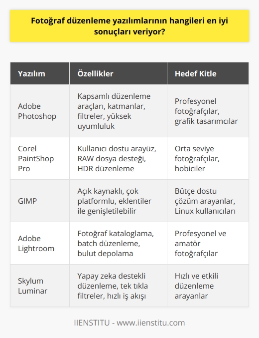 En iyi sonuçları veren fotoğraf düzenleme yazılımları arasında Adobe   , Corel PaintShop Pro, GIMP, Adobe Lightroom, Skylum Luminar ve Capture One gibi programlar bulunur.