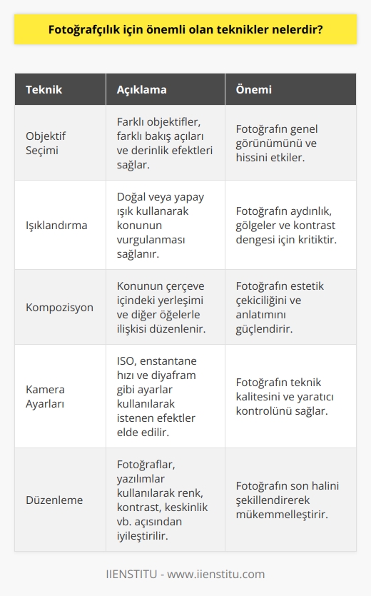 1. Objektif Seçimi: Fotoğrafçıların hangi objektifleri kullanacaklarına karar vermek için önemlidir.  2. Işıklandırma: Fotoğrafların kalitesini arttırmak için iyi bir ışıklandırma önemlidir.  3. Kompozisyon: Fotoğrafların görsel etkisine katkı sağlamak için doğru kompozisyon kullanmak önemlidir.  4. Kamera ayarları: Fotoğrafçılar kamera ayarlarını kullanarak fotoğraf çekimlerinde başarılı olabilirler.  5. Makyaj: Kimi fotoğraf çekimleri için makyaj kullanmak gerekir.  6. Düzenleme: Fotoğrafların kalitesini arttırmak için çeşitli fotoğraf düzenleme yöntemleri kullanılır.  7. Efektler: Fotoğrafların görsel etkisini arttırmak için özel efektler kullanılır.