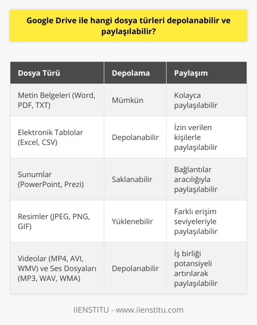 Google Drive ile Depolanabilecek ve Paylaşılabilecek Dosya Türleri  Google Drive, 24 Nisan 2012 tarihinde kullanıma açılan bir bulut tabanlı veri depolama servisidir. Bu servis sayesinde kullanıcılar, bilgisayarlarında bulunan verileri internet ortamında saklayarak önemli dosyaları güvenli bir şekilde depolayabilirler. Peki, Google Drive ile hangi dosya türleri depolanabilir ve paylaşılabilir?  Çeşitli Dosya Türlerinin Depolama ve Paylaşımı  Google Drive, kullanıcılarına çok çeşitli dosya türlerini depolama ve paylaşma imkanı sunar. Bunlar arasında en yaygın olarak kullanılanlar; metin belgeleri (Word, PDF, TXT), elektronik tablolar (Excel, CSV), sunumlar (PowerPoint, Prezi), resimler (JPEG, PNG, GIF), videolar (MP4, AVI, WMV) ve ses dosyaları (MP3, WAV, WMA) gibi formatlara sahip dosyalar bulunmaktadır.   Ayrıca, Google Drive özelinde oluşturulan Google Dokümanlar, Google E-tablolar ve    gibi dosya türleri de depolanabilir ve paylaşılabilir. Bunların yanı sıra yazılım, grafik ve tasarım dosyaları (Adobe, AutoCAD, CorelDRAW) gibi farklı disiplinlere ait dosya türleri de yüklenerek saklanabilir ve istenilen kişilerle paylaşılabilir.  Paylaşım ve Erişim Kolaylığı  Google Drive, kullanıcılarının depoladıkları dosyalarının istedikleri kişilerle paylaşılması konusunda da oldukça kullanışlıdır. Depolanan dosyaların paylaşım işlemleri için Google Drive üzerinden kullanıcılar arasında bağlantılar kurulabilir, izin verilen kişilere de dosyaların erişimi, okuma, düzenleme ya da yönetme gibi farklı seviyelerde erişim sağlanabilir. Bu sayede, dosyalar kolay ve hızlı bir şekilde paylaşılarak işbirliği potansiyeli artırılmış olur.  Sonuç olarak, Google Drive; metin belgelerinden videolara, görsellere, ses dosyalarına ve özel yazılım paketlerine kadar pek çok farklı dosya türünü depolamanıza ve paylaşmanıza olanak tanır. Bu sayede, kullanıcılar kolaylıkla işbirliği yapabilir, dosyaları güvenli bir şekilde koruyabilir ve her zaman erişebilirler. Google Driveın sunduğu bu özellikler sayesinde, kullanıcıların hayatı daha kolay ve pratik hale gelmiştir.
