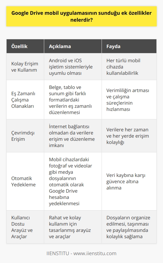 Google Drive Mobil Uygulamasının Sunduğu Ek Özellikler  Google Drive, kullanıcıların verilerini güvenli bir şekilde saklamalarını sağlayan bulut tabanlı bir veri depolama hizmetidir. Mobil uygulamasıyla da kullanıcılar, herhangi bir zaman ve mekân kısıtlaması olmadan verilerine ulaşabilirler. Google Drive mobil uygulamasının sunduğu ek özellikler ise şunlardır:  Kolay Erişim ve Kullanım  Google Drive mobil uygulaması, Android ve iOS işletim sistemleriyle uyumlu olduğu için her türlü mobil cihazda kullanılabilir. Kullanıcılar, Google hesaplarını kullanarak uygulamayı indirip giriş yaptıktan sonra, verilerini yedekleme ve paylaşma gibi işlemleri kolaylıkla gerçekleştirebilirler.  Eş Zamanlı Çalışma Olanakları  Google Drive mobil uygulaması, kullanıcıların belge, tablo ve sunum gibi farklı formatlardaki verilerini eş zamanlı olarak düzenlemelerine ve takım üyeleriyle ortak çalışma yapmalarına imkân tanır. Bu özellik sayesinde, kullanıcılar verimliliklerini artırır ve çalışma süreçlerini hızlandırır.  Çevrimdışı Erişim  Google Drive mobil uygulaması, kullanıcıların çevrimdışı olarak da verilerine erişmelerini ve düzenlemelerini sağlar. Kullanıcılar, internet bağlantısı olmayan zamanlarda bile dokümanlarını açabilir ve değişiklik yapabilir, sonrasında çevrimiçi olduğunda yapılan değişiklikler otomatik olarak senkronize edilir.  Otomatik Yedekleme  Mobil uygulama sayesinde, kullanıcıların mobil cihazlarında bulunan fotoğraf ve videolar gibi medya dosyaları, otomatik olarak Google Drive hesabına yedeklenebilir. Bu sayede, kullanıcılar cihazlarında yaşanabilecek herhangi bir veri kaybına karşı güvence altına alınır.  Kullanıcı Dostu Arayüz ve Araçlar  Google Drive mobil uygulamasının arayüzü, kullanıcıların rahat ve kolay bir şekilde uygulamayı kullanabilmeleri için tasarlanmıştır. Uygulama içinde bulunan araçlar, kullanıcıların dosyalarını organize etmelerine, sürükle-bırak yöntemi ile diledikleri yere taşımalarına ve paylaşmalarına olanak tanır.  Sonuç olarak, Google Drive mobil uygulaması, kullanıcıların verilerini güvenli ve hızlı bir şekilde saklamalarına ve paylaşmalarına imkân sunarak hayatlarını kolaylaştırır. İşbirliği ve çevrimdışı erişim gibi ek özelliklerle, kullanıcıların verimi artırır ve telefonlarında bulunan verilere daha hızlı erişmelerini sağlar.