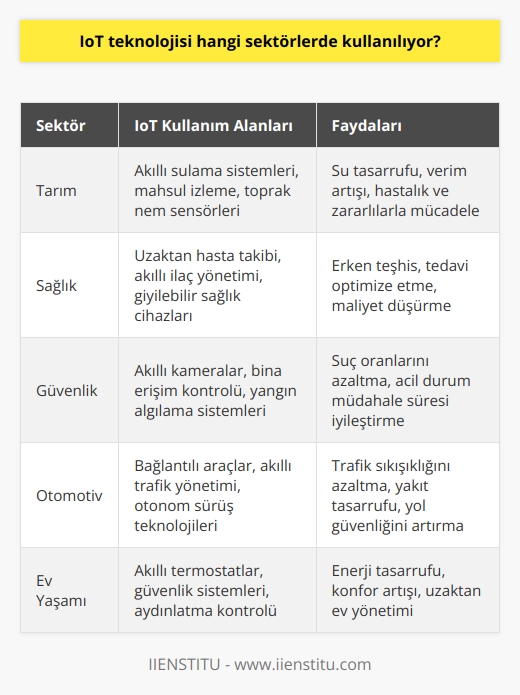 IoT teknolojisi, evcil hayvanların sağlık kontrolünden, trafik yönetimine kadar çeşitli sektörlerde kullanılıyor. En popüler sektörler arasında tarım, sağlık, güvenlik, otomotiv, enerji, ev aletleri, finansal hizmetler, ev yaşamı ve iletişim bulunmaktadır.