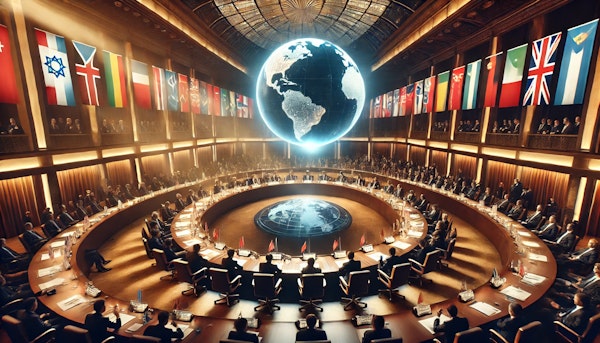 A grand conference hall filled with diplomats from various nations seated around a large round table, actively engaging in discussions. Flags from multiple countries decorate the background, symbolizing international cooperation. Above the table, a glowing holographic globe projects a sense of global unity and collaboration. The atmosphere is professional and sophisticated, with well-dressed delegates gesturing as they communicate. The warm and balanced lighting enhances the sense of diplomacy and mutual understanding.