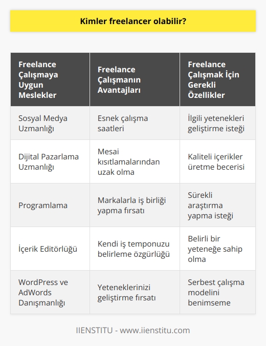 Freelancer olan kişiler, genellikle teknik işler ile ilgilenirler ve bu işlerin başında sosyal medya/dijital pazarlama uzmanlığı gelir. Freelancer olarak çalışabilmek için, ilgili yeteneklerinizi geliştirmeniz ve bu yeteneklerinizi sergileyebilecek işler bulmanız gerekmektedir. Çalışma saatlerinizi kendiniz belirleyebileceğiniz ve mesai kısıtlamalarından uzak olan bu iş modeli, çalışmayı seven kişiler için idealdir. Ayrıca, belirli bir hedef kitleye hitap ederek, kaliteli içerikler ile okunma sayıları arttıkça, ilgili sektörün markaları ile iş birliği yapma fırsatı da doğmaktadır. Freelance iş yapılacak işler genellikle teknik ve tasarım işleri olup, bu işleri sevmeli ve sürekli araştırma yapmaktan keyif almalısınız. Bu iş modeli, temel programlama, içerik editörlüğü, wordpress danışmanlığı veya adwords danışmanlığı gibi birçok konuda yetenek geliştirebileceğiniz bir fırsat sunmaktadır. Sonuç olarak, freelancer olabilen kişiler, belirli bir yeteneğe sahip olan ve bu yeteneği serbest çalışma modeli ile değerlendirebilmek isteyen kişilerdir.