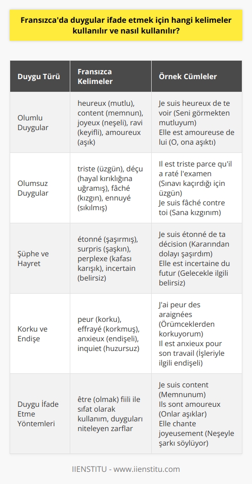 Fransızcada duyguları ifade etmek için kullanılan kelimeler ve kullanım şekilleri  Olumlu Duyguları İfade Eden Kelimeler  Fransızcada olumlu duyguları ifade eden başlıca kelimeler şunlardır: heureux (mutlu), content (memnun), joyeux (neşeli), ravi (keyifli) ve amoureux (aşık). Bu kelimeler, mutluluk ve tatmin duygularını anlatmak için kullanılır. Örneğin: Je suis heureux de te voir (Seni görmekten mutluyum) veya Elle est amoureuse de lui (O, ona âşıktı).  Olumsuz Duyguları İfade Eden Kelimeler  Olumsuz duyguları ifade etmek için kullanılan kelimeler arasında triste (üzgün), déçu (hayal kırıklığına uğramış), fâché (kızgın) ve ennuyé (sıkılmış) bulunur. Bu terimler, insanların negatif duygularını açıklamak için kullanılır. Örneğin: Il est triste parce quil a raté lexamen (Sınavı kaçırdığı için üzgün) veya Je suis fâché contre toi (Sana kızgınım).  Şüphe ve Hayret İfade Eden Kelimeler  Fransızcada şüphe ve hayret ifade etmek için kullanılan kelimeler şunlardır: étonné (şaşırmış), surpris (şaşkın), perplexe (kafası karışık) ve incertain (belirsiz). Bu kavramlar, aniden ortaya çıkan durumların veya beklenmedik olayların karşısındaki duyguları anlatan terimlerdir. Örneğin: Je suis étonné de ta décision (Kararından dolayı şaşırdım) veya Elle est incertaine du futur (Gelecekle ilgili belirsiz).  Korku ve Endişe İfade Eden Kelimeler  Fransızcada korku ve endişeyi anlatan kelimeler şunlardır: peur (korku), effrayé (korkmuş), anxieux (endişeli) ve inquiet (huzursuz). Bu terimler, tehlike hissi veya belirsizlikle ilişkili duyguları ifade etmek için kullanılır. Örneğin: Jai peur des araignées (Örümceklerden korkuyorum) veya Il est anxieux pour son travail (İşleriyle ilgili endişeli).  Duyguları İfade Etme Yöntemleri  Duygu ifade eden bu kelimeler, cümlede farklı şekillerde kullanılabilir. Genellikle être (olmak) fiilinin yanında sıfat olarak kullanılır ve kişiye uygun olarak çekim yapılır. Örneğin: Je suis content (Memnunum) veya Ils sont amoureux (Onlar aşıklar). Ayrıca, duyguları niteleyen zarflar da kullanılabilir: Elle chante joyeusement (Neşeyle şarkı söylüyor).  Sonuç olarak, Fransızcada duyguları ifade etmek için çeşitli kelimeler kullanılabilir ve farklı yapılar ile cümlede yerleştirilebilir. Bu sayede, duyguların daha açık ve etkili bir şekilde aktarılması sağlanır.