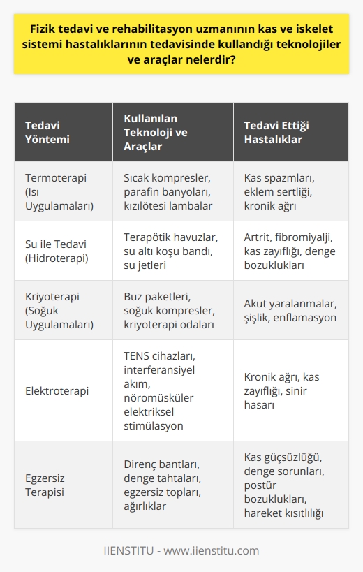 Fizik tedavi ve rehabilitasyon uzmanının, kas ve iskelet sistemi hastalıklarının tedavisinde kullandığı teknolojiler ve araçları geniş bir yelpazede bulunur. Bu araçlar ve teknolojiler arasında termoterapi olarak bilinen ısı uygulamaları, su ile tedavi, kriyoterapi uygulamaları, fototerapi, elektrik akımlarıyla tedavi ve ilaçla tedavi yer alır.   Ayrıca, bu tecrübeli sağlık profesyonelleri genellikle kas ve iskelet sistemi hastalıklarının yanı sıra ortopedik girişimler sonrası yapılan ortopedik rehabilitasyon, inme sonrası hareket bozuklukları, yüz felci, sinir zedelenme sonucu gereken nörolojik rehabilitasyon ve doğumla ilgili rahatsızlıklar da dahil pediatrik rehabilitasyona yönelik tedavilere katkı sağlamaktadır.   Özellikle, önemli teknolojik araçlar ve ekipmanlar sürekli kullanılmaktadır. Fiziksel Terapi ve Rehabilitasyon Uzmanları, yaşam kalitesini etkileyen engellilik durumunun iyileştirilmesi ve ortadan kaldırılmasını hedeflerken, bu hedefe ulaşmak için multidisipliner yaklaşımlar uygulamaktadır.  Sonuç olarak, fizik tedavi ve rehabilitasyon uzmanları, çeşitli kas ve iskelet sistemi hastalıklarının tedavisinde, çok çeşitli teknolojik araçlar ve teknolojiler kullanarak, bireyin yaşam kalitesini ve sosyal hayatına aktif bir şekilde geri dönmeyi hedefler. Her durumu göz önünde bulundurarak, en uygun tedavi seçeneklerini belirlerler ve devamlı hasar ve hareket kısıtlılığı ihtiyaçlarına yanıt verirler. Bu tedavi stratejileri, hastanın günlük yaşam aktivitelerini herhangi bir yardımcı olmadan gerçekleştirmesini sağlar ve hastaların yaşam kalitesini önemli ölçüde iyileştirebilir.