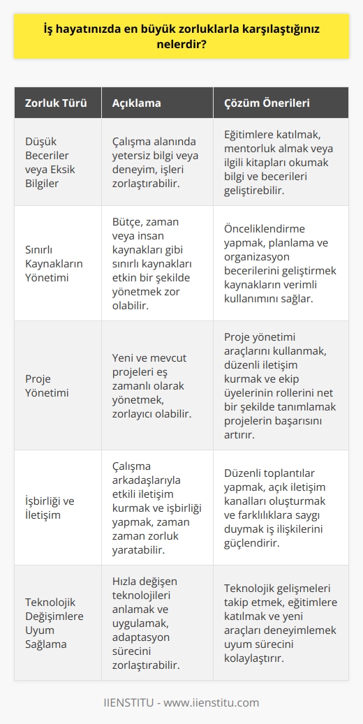En büyük zorluklar, çalışma alanımda düşük becerilerim veya eksik bilgilerim ile ilgili olabilir. Aynı zamanda, sınırlı kaynakları doğru bir şekilde yönetmek veya yeni ve mevcut projeleri etkili bir şekilde yönetmek de zorluklar arasındadır. İş hayatında karşılaşabileceğim diğer zorluklar arasında, çalışma arkadaşlarıyla işbirliği ve iletişim, çalışanları motive etmek ve değişen teknolojiyi anlamaya çalışmak yer alır.
