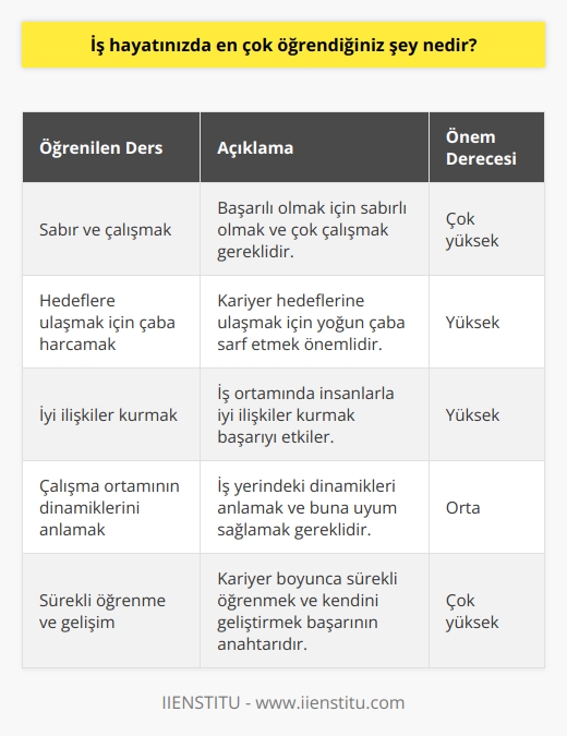 En çok öğrendiğim şey, başarılı olmak için sabır ve çalışmak gerektiğidir. İş hayatında, hedeflerinize ulaşmak için ne kadar çok çaba harcadığınız ve ne kadar sabırlı olacağınız çok önemlidir. Ayrıca, insanlar ile iyi ilişkiler kurmak ve çalışma ortamının dinamiklerini anlamak da çok önemlidir.