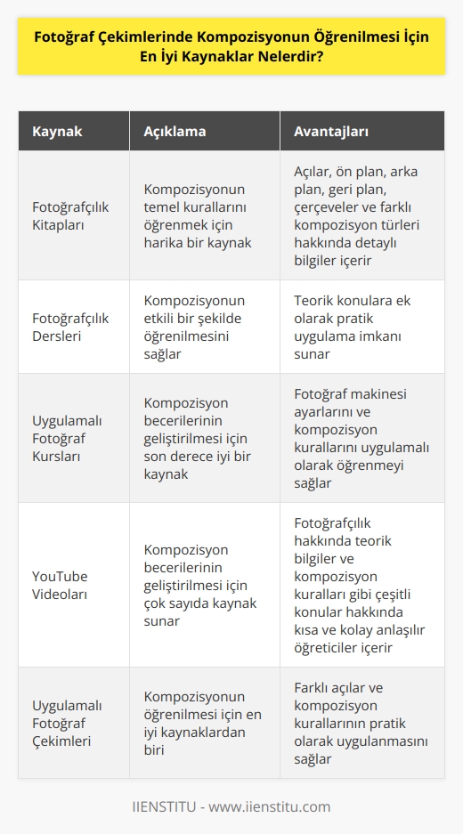 1.    Kitabı:  kitapları, kompozisyonun temel kurallarını öğrenmek için harika bir kaynaktır. Bu kitaplarda, fotoğraf çekimlerinde kullanılan açıları, ön plan ve arka planı, geri planı, çerçeveleri ve farklı kompozisyon türlerini içeren bilgiler mevcuttur.   2. Fotoğrafçılık Dersleri: Fotoğrafçılık dersleri, fotoğraf çekimlerinde kompozisyonun etkili bir şekilde öğrenilmesini sağlar. Bu dersler, teorik konulara ek olarak çekimleri pratik olarak uygulama imkanı da sunuyor.   3. Uygulamalı  Kursları: Uygulamalı  kursları, fotoğraf çekimlerinde kompozisyon becerilerinin geliştirilmesi için son derece iyi bir kaynaktır. Bu kurslar,   ni ve kompozisyon kurallarını uygulamalı olarak öğrenmeyi sağlarlar.   4. YouTube Videoları: YouTube videoları, fotoğraf çekimlerinde kompozisyon becerilerinin geliştirilmesi için çok sayıda kaynak sunar. Bu videolar, fotoğrafçılık hakkında teorik bilgiler ve kompozisyon kuralları gibi çeşitli konular hakkında kısa ve kolay anlaşılır öğreticiler içerir.   5. Uygulamalı Fotoğraf Çekimleri: Uygulamalı fotoğraf çekimleri, fotoğraf çekimlerinde kompozisyonun öğrenilmesi için en iyi kaynaklardan biridir. Bu çekimler, farklı açılar ve kompozisyon kurallarının pratik olarak uygulanmasını sağlar.