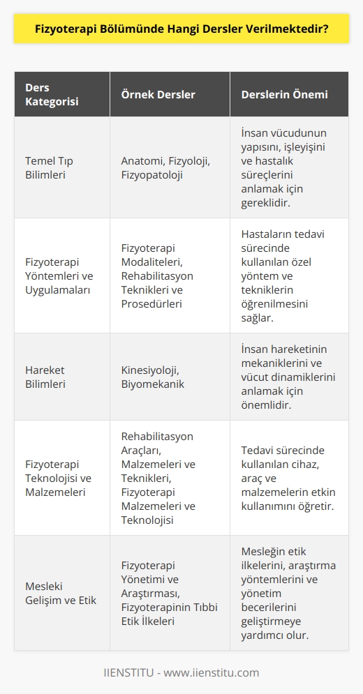 Fizyoterapi Bölümünde çoğunlukla şu dersler verilmektedir: anatomi, fizyoloji, fizyopatoloji, rehabilitasyon, fizyoterapi modaliteleri, fizyoterapi uygulamaları, rehabilitasyon teknikleri ve prosedürleri, rehabilitasyon araçları, malzemeleri ve teknikleri, kinesiyoloji, biomekanik, fizyoterapi malzemeleri ve teknolojisi, fizyoterapi yöntemleri, fizyoterapi yönetimi ve araştırması, fizyoterapinin tıbbi etik ilkeleri, fizyoterapi ve rehabilitasyon yönetimi.