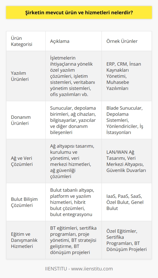 Şirketin mevcut ürün ve hizmetleri, ürünleri, yazılım ve donanım ürünleri, ağ ve veri çözümleri, saklama çözümleri, yazılım ve donanım desteği, çözümleri, bilişim ve güvenlik çözümleri, eğitim ve danışmanlık hizmetleri, bulut bilişim çözümleri, mobil çözümler, internet ve uygulama çözümleri gibi çeşitli kategorileri kapsamaktadır.