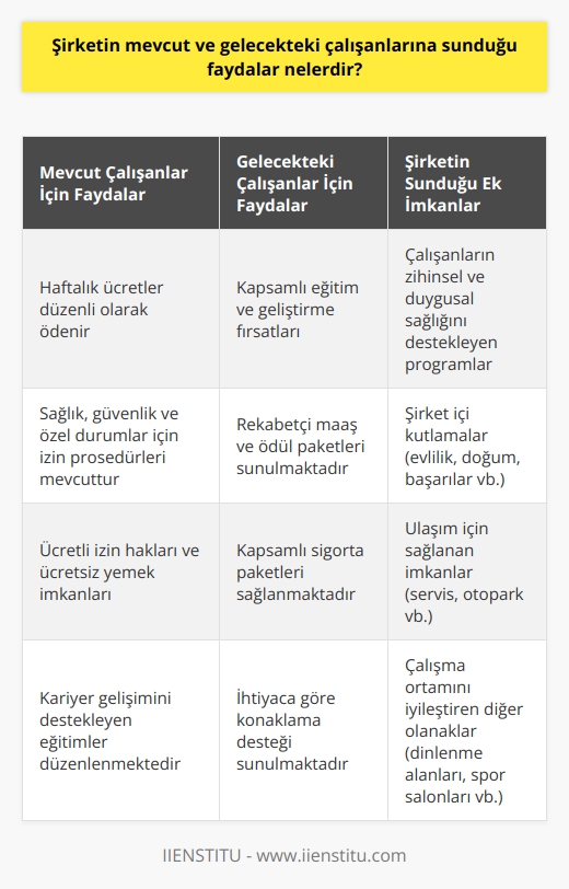Mevcut ve gelecekteki çalışanlarının şirket tarafından sağlanan faydaları arasında:  1. Ödenen haftalık ücretler. 2. Sağlık, güvenlik ve işten veya işin dışındaki özel durumlardan kaynaklanan raporlama veya güvenlik amaçlı işe alım süreçleri. 3. İşe alım sürecinde kazanılan ve çalışanların kariyer gelişimlerini destekleyen eğitim ve geliştirme fırsatları. 4. Ekonomik ve sosyal haklar, örneğin ücretli izinler, ücretsiz yemek veya çalışanların evlilik, doğum veya ölüm haberlerinin kutlanması gibi. 5. Çalışanların zihinsel ve duygusal sağlıklarını destekleyen programlar. 6. Yüksek maaş ve ödüller. 7. Sigorta paketleri. 8. Maliyetli veya ücretsiz konaklama. 9. Ulaşım fırsatları. 10. Çalışanların çalışma yaşamını destekleyen diğer olanaklar.