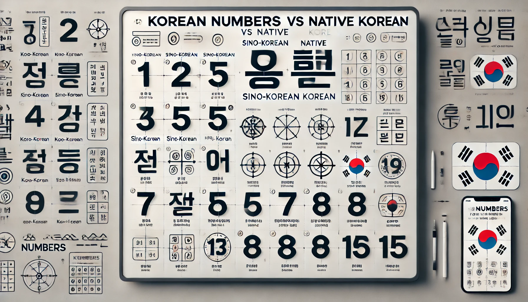 Here is the visual representation of Korean numbers from 1 to 15, showing both the Sino-Korean and Native Korean systems.