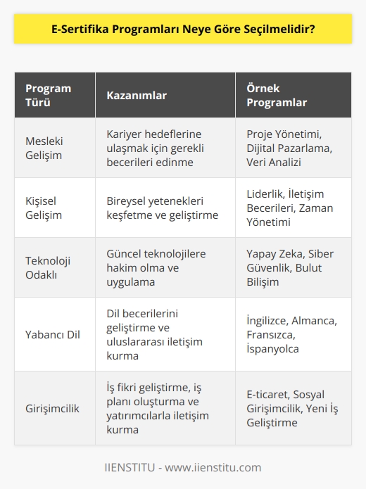 Pek çok alanda e-sertifika programı düzenlenir. Burada kişi kendini geliştireceğine inandığı ya da yapmak istediği işle alakalı programa yönelmeyi düşünmelidir.