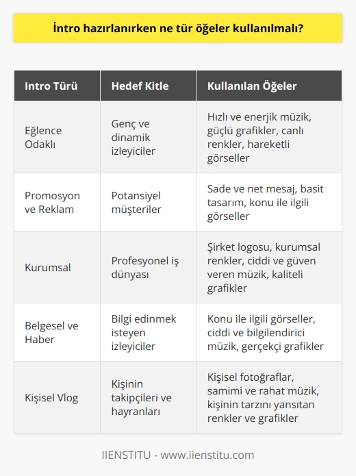 Intro hazırlanırken, ne tür öğeler kullanılmalı, özellikle kişinin hedef kitlesine göre değişmektedir. Örneğin, eğlence odaklı introlarda hızlı ve enerjik müzik, güçlü grafikler, canlı renkler ve hareketli görseller kullanılır. Promosyon, reklam ve tanıtım için introlarda ise, sade ve net bir mesaj, kullanıcıların kolayca anlaması için basit bir tasarım ve konu ile ilgili görseller kullanılır.