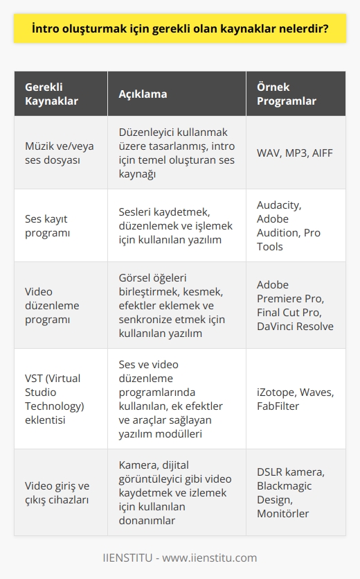-Bir düzenleyici kullanmak üzere tasarlanmış bir müzik ve/veya ses dosyası -Bir ses kayıt programı -Bir video düzenleme programı -Bir efekt eklemek için bir VST (Virtual Studio Technology) eklentisi -Bir video girişi, örneğin bir kamera veya dijital görüntüleyici -Bir video çıkışı, örneğin bir monitör -Bir    programı -Bir video render programı -Bir    programı -Bir    programı -Bir titreşim programı -Bir  efektleri programı -Bir uygulama çalışma programı, örneğin Adobe After Effects veya Apple Motion