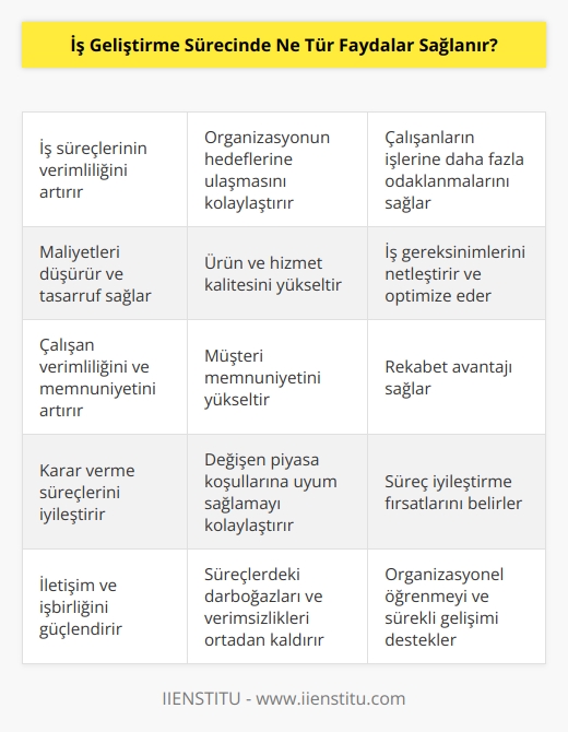 İş geliştirme süreci, bir organizasyonun hedeflerini gerçekleştirmesine yardımcı olacak şekilde işleri geliştirmesine izin veren bir süreçtir. Faydaları arasında, işlerin verimliliğinin artması, giderlerin azaltılması, çalışanların verimliliğinin ve memnuniyetinin artması, müşteri memnuniyetinin artması ve ürün ve hizmet kalitesinin artması sayılabilir. Ayrıca, iş geliştirme süreci, çalışanların işlerine daha fazla odaklanmalarını sağlamak için gereksinimler ve işler arasındaki ilişkileri gözden geçirme fırsatı sunar.