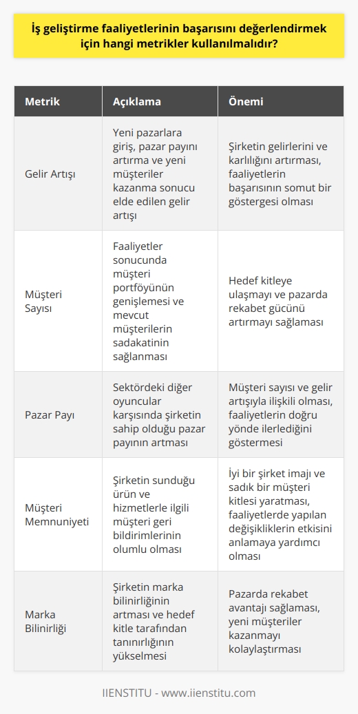Başarı Odaklı Metrikler  İş geliştirme faaliyetlerinin başarısını değerlendirmek için kullanılması gereken metrikler, şirketin genel hedefleri ve stratejileri doğrultusunda belirlenen başarı kriterleriyle paralellik göstermelidir. Bu metrikler genellikle gelir artışı, müşteri sayısı, pazar payı ve müşteri memnuniyeti gibi başarı odaklı faktörleri içerir.  Gelir Artışı  İş geliştirme faaliyetlerinin en önemli metriklerinden biri gelir artışıdır. Yeni pazarlara girme, pazar payını artırma ve yeni müşteriler kazanma gibi hedeflere ulaşarak, şirketin gelirlerini ve kârlılığını artırması beklenir. Gelir artışı, faaliyetlerin başarısının somut bir göstergesi olarak kabul edilir.  Müşteri Sayısı  İş geliştirme faaliyetlerinin başarısını ölçmek için kullanılan diğer bir önemli metrik de müşteri sayısıdır. Faaliyetlerin sonucunda şirketin müşteri portföyünün genişlemesi ve mevcut müşterilerin sadakatini sağlamak, başarının göstergesi sayılabilir. Müşteri sayısı ve müşteri sadakati, hedef kitleye ulaşmayı ve pazarda rekabet gücünü artırmayı sağlar.  Pazar Payı  İş geliştirme faaliyetleri, şirketin pazardaki konumunu iyileştirmeyi amaçlar. Bu nedenle, pazar payı metriği de başarının ölçülmesi için önemlidir. Sektördeki diğer oyuncular karşısında şirketin sahip olduğu pazar payının artması, faaliyetlerin başarılı olduğuna işaret eder. Pazar payı artışı, hem müşteri sayısı ve gelir artışıyla ilişkilidir, hem de faaliyetlerin doğru yönde ilerlediğini gösterir.  Müşteri Memnuniyeti  İş geliştirme faaliyetlerinin başarısının diğer bir göstergesi de müşteri memnuniyetidir. Şirketin sunduğu ürün ve hizmetlerle ilgili müşteri geri bildirimleri, hizmetlerin kalitesi ve müşteri beklentilerini karşılama düzeyi açısından önemlidir. Yüksek müşteri memnuniyeti, iyi bir şirket imajı ve sadık bir müşteri kitlesi yaratır. Müşteri memnuniyet düzeyinin ölçümü, iş geliştirme faaliyetlerinde yapılan değişikliklerin ve iyileştirmelerin etkisini anlamaya yönelik değerli bilgiler sunar.