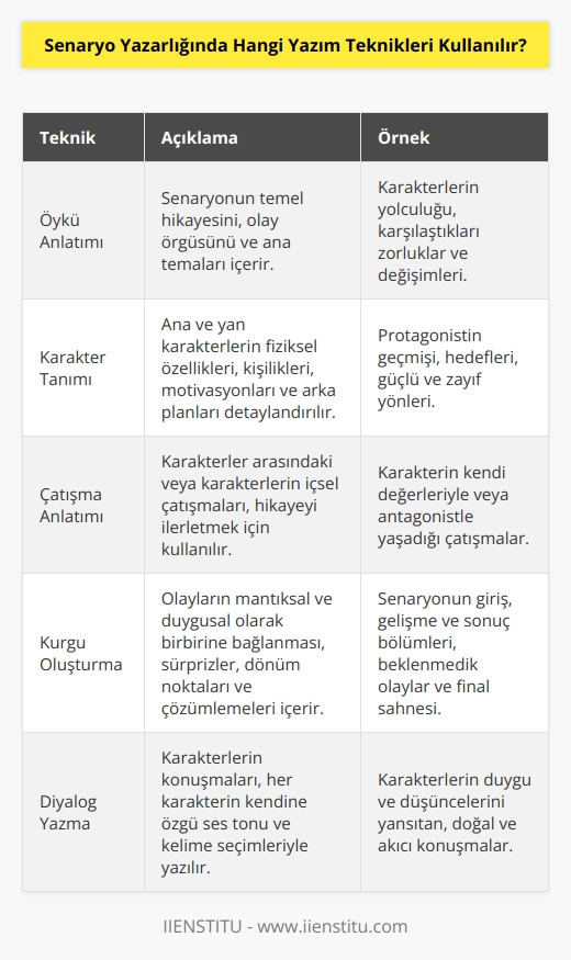 Senaryo yazarlığında kullanılan yazım teknikleri arasında; öykü anlatımı, karakter tanımı, konu açıklama, çatışma anlatımı, kurgu oluşturma, dialog yazma, özet çerçeve oluşturma ve diyalogların kurgulanması sayılabilir.