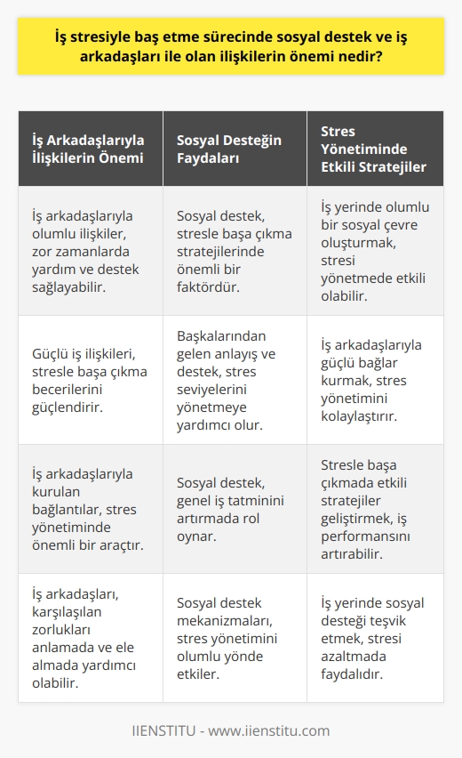 İş stresiyle baş etme sürecinde sosyal destek ve iş arkadaşları ile olan ilişkilerin önemi büyüktür. Bağlantılar ve ağlar kurmak stres yönetiminde önemli bir araç olabilir. Çünkü karşılaşılan zorluklarda belirli bir ruh hali veya durumu anlamada ve ele alış biçimlerimizde yardımcı olabilirler. İş arkadaşlarıyla kurulan olumlu ilişkiler, özellikle zor anlarda yardım ve destek sunabilir. Bunlar, bir kişinin iş stresinden kaynaklanan zorluklarla başa çıkma becerilerini güçlendirebilir.  Ayrıca, iş arkadaşları ve sosyal destek, stresle başa çıkma stratejilerinde önemli bir değişken olduğunu gösteren araştırmalar da bulunmaktadır. Yani, diğerlerinden gelen destek ve anlayış, bireyin stres seviyelerini yönetme ve genel iş tatminini artırma yeteneğinde önemli bir rol oynar.  Bu nedenle, iş yerinde sosyal destek ve iş arkadaşlarıyla olan ilişkiler, iş stresiyle başa çıkma stratejilerinin etkinliği üzerinde belirleyici olabilir. İyi iş ilişkileri ve sosyal destek mekanizmaları, stresi yönetme ve iş performansını artırma yeteneğimizi büyük ölçüde etkileyebilir. Bu nedenle, iş yerinde olumlu bir sosyal çevre ve iş arkadaşları ile güçlü bağlar kurmaya yönelik çabalar, stresle başa çıkmada yararlı olabilir.