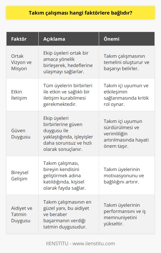 , birçok başarılı projenin ve işin temelini oluşturur. Fakat nın etkili biçimde uygulanabilmesi, belirli faktörlere bağlıdır. Bu faktörlerin başında ortak bir vizyon ve misyon paylaşımı gelir. Ekip üyeleri ortak bir amaca yönelik birleşerek, hedeflerine ulaşmayı sağlarlar. Bu anlamda, takım denilince akla gelen sadece birkaç bireyden oluşan gruplar değil, geniş topluluklar da olabilir. Öte yandan,  en az iki kişi arasında gerçekleşebilir, yeter ki birlikte bir misyon ve vizyon etrafında konsantre olunabilsin.  Bu anlamda,  bir orkestra gibidir. Tıpkı orkestranın her bir enstrümanının ayrı ayrı güzel sesler çıkarabilmesine rağmen ancak bir araya geldiklerinde harmoni yaratabilmesi gibi, takım üyeleri de kendi yeteneklerini ve becerilerini bir araya getirerek en uyumlu sonucu ortaya çıkarmak durumundadırlar. Bu süreçte, takımda bulunan tüm üyelerin birbirleri ile etkin ve sağlıklı bir iletişim kurabilmesi gerekmektedir. Her üye, kendi performansının yanı sıra diğer üyelerin performansından da sorumlu tutulmalıdır. Bu etkileşimin başarılı olabilmesi için, doğru, açık ve saygılı bir iletişim kanalının sürekli aktif tutulması önemlidir.   Öte yandan, takım içerisinde kurulan bu uyumun ve etkileşimin sürdürülmesi ve verimli bir şekilde kullanılabilmesi için güven duygusu hayati önem taşır. Ekip üyeleri birbirlerine güven duygusu ile yaklaştığında, işleyişler daha sorunsuz ve hızlı olara sonuçlanır. Bununla birlikte,  iyi işlediğinde, takımın bağlı olduğu kurum ya da organizasyonun da verimliliğini artırabilir. çünkü “Birlikten kuvvet doğar” ve “Hiçbirimiz, hepimiz kadar akıllı ve zeki değiliz.”  Sonuç olarak,  bir bireyin kendisini geliştirmek adına katılığında, kişisel olarak fayda sağlar.  ile en güzel yanı, bu aidiyet ve beraber başarmanın verdiği tatmin duygusudur. Bu nedenle , her türlü iş ve girişimde oldukça önemli bir faktördür.