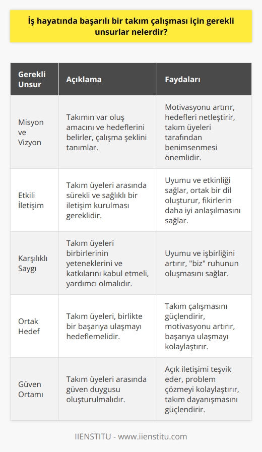 İş hayatında başarılı bir takım çalışması için gerekli unsurlar yerine getirilen misyon, fizyondan geçer ve üyeler tarafından birbirlerine gösterilen saygı üzerine kurulur. Bunun yanı sıra, takım üyeleri birbirleriyle sürekli ve doğru bir şekilde iletişim kurmaları gerekmektedir. İletişim, var olmak ve birbirimize güvenmek için gereklidir, bu da takım içinde güçlendirici bir birlikteliğin temelini oluşturur.  Öncelikle, misyon ve vizyonun anlaşılması ve takım tarafından kabul görmesi gerekmektedir. Misyon, takımın neden var olduğunu, hangi amacı hedeflediğini tanımlar; vizyon ise hedefe ulaşmak için hangi stratejilerin izleneceğini, takımın çalışma biçimini ve işin özünü belirler. Misyon ve vizyon, takımın motivasyonunu arttırır ve hedefleri netleştirir, bu yüzden misyon ve vizyonun tüm takım üyeleri tarafından kabul görmesi önemlidir.  Bir diğer önemli unsursa, takım üyelerinin birbirleriyle sürekli ve sağlıklı bir iletişim kurabilmesidir. İyi bir iletişim, takım içinde uyumun ve etkinliğin sağlanması için gereklidir. İletişim becerileri, takımın ortak bir dil oluşturmasını ve birbirlerinin fikirlerini daha iyi anlamasını sağlar, bu da takımın genel başarısını arttırır.  Takım üyelerinin birbirlerine saygı göstermeleri ve birlikte bir başarıya ulaşmayı hedeflemeleri de iş hayatında başarılı bir takım çalışması için mutlaka gereklidir. Üyeler, birbirlerinin yeteneklerini ve katkılarını kabul etmeli, birbirlerine emir vermek yerine yardımcı olmalıdırlar. Bu, takım içinde uyumu ve işbirliğini arttırır, ve bir biz ruhunun oluşmasını sağlar.  Sonuç olarak, iş hayatında başarılı bir takım çalışması için, takımın bir misyon ve vizyon etrafında birleşmesi, takım üyelerinin birbirleriyle sürekli ve doğru bir iletişim kurabilmesi ve birbirlerine saygı göstermesi gereklidir. Bu unsurlar, takımın başarısını ve etkinliğini arttırmak için gerekli olan uyumu sağlar. Bu sayede, takım hedeflerine ulaşabilir ve   nu yaşayabilir, sonuçta da kurumun başarısı için önemli bir kuvvet haline gelebilir.