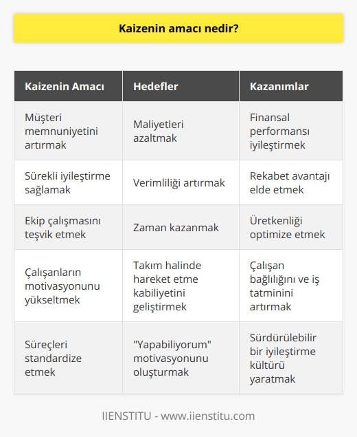 En önemli hedefi müşteri memnuniyetini artırmak olsa da bu amacı gerçekleştirirken, maliyetleri azaltma,   yi artırma ve zaman kazanma ön plana çıkmaktadır. Bunların yanı sıra manevi boyunda ise takım halinde hareket etme kabiliyeti kazandırır. Kişilerde yapabiliyorum motivasyonu oluşturur.