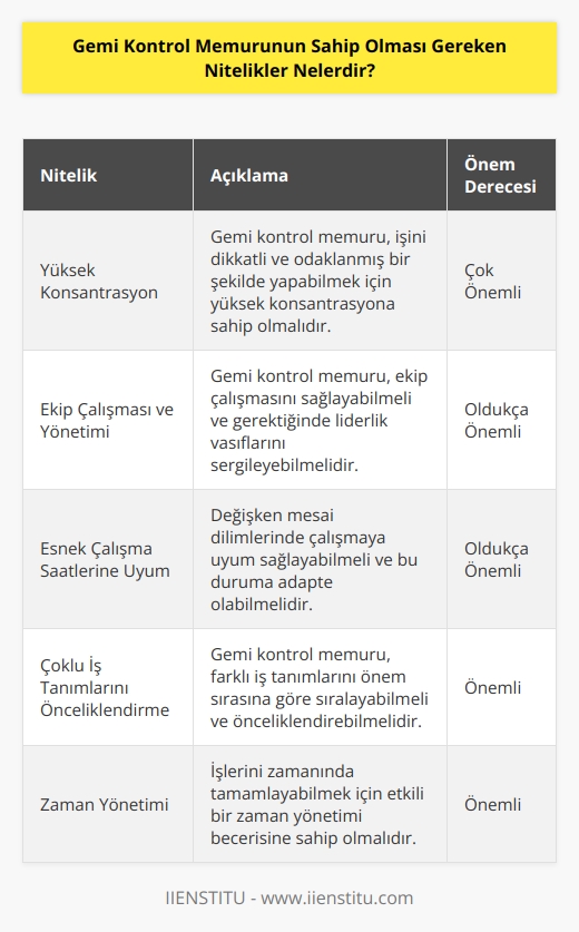 Gemi kontrol memuru yüksek konsantrasyon sahip olmalıdır. Ekip çalışmasını ve yönetimini sağlayabilmeleri oldukça önemli olduğu gibi gerekli zamanlarda    sergilemesi gerekir. Değişken mesai dilimlerinde çalışmaları gerekeceği için buna uyum göstermeleri oldukça önemlidir ayrıca çoklu iş tanımlarını öncelik sırasına alabilmeli ve zaman yönetimi yapabilmelidir.
