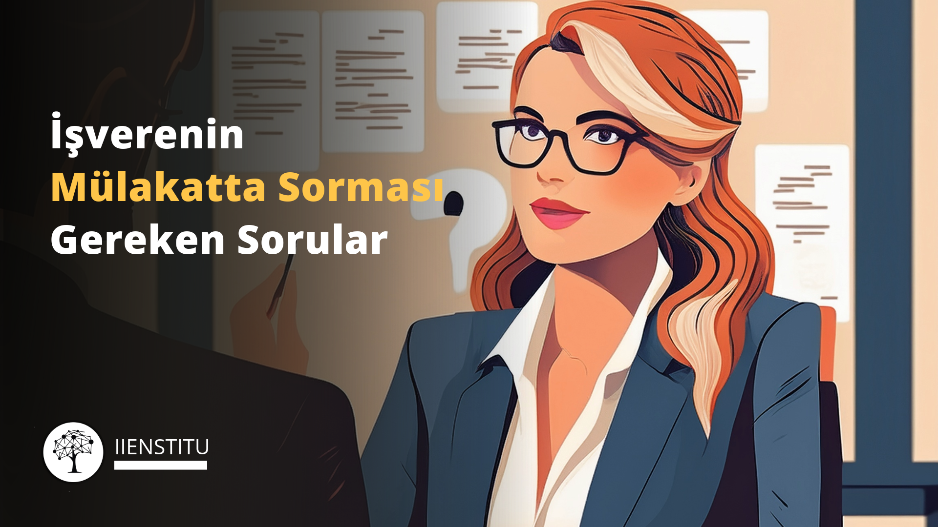 İşverenin mülakatta sorması gereken sorular hakkında bilgi veren görsel. Mülakat yapan kadın işveren, adayla görüşme yapıyor. İş görüşmesi ve mülakat soruları hakkında rehber.