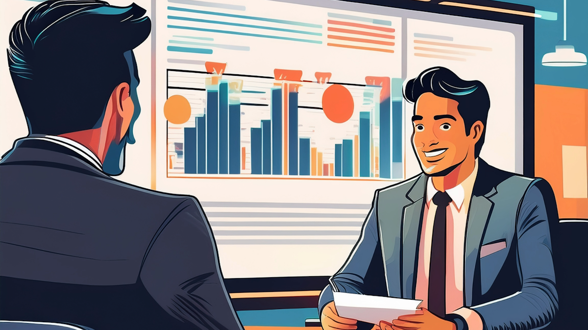 Profesyonel bir ofis ortamında, işveren ve aday arasında geçen bir mülakat sahnesi. İşveren, adayın performansını değerlendirirken elinde bir değerlendirme formu tutuyor. Arka planda, iş görüşmesi sürecine dair önemli noktaları içeren grafikler veya notlar bulunan bir beyaz tahta veya ekran var.