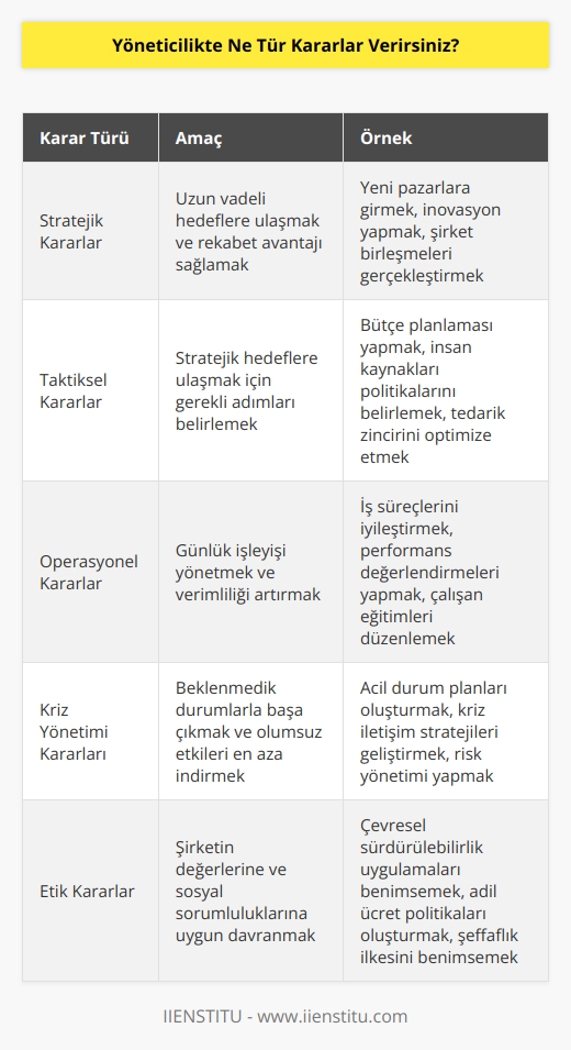 Yöneticilikte, takım çalışmasının geliştirilmesi, ürün ve hizmetlerin kalitesini arttırmak, çalışanların motivasyonunu yükseltmek, yeni fırsatların yaratılması, yeni ürünlerin geliştirilmesi veya hizmetlerin genişletilmesi gibi    alınır. Aynı zamanda, günlük işlerin planlanması, yeni iş süreçlerinin tasarlanması ve uygulanması, çalışanların performansının izlenmesi, ücret ve ödüllendirme politikalarının oluşturulması gibi operasyonel kararlar da alınır.